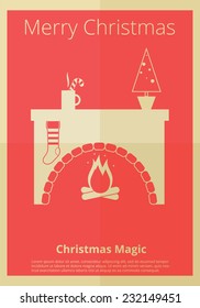 Christmas poster with fireplace. Vector illustration, flat design, EPS 10.
