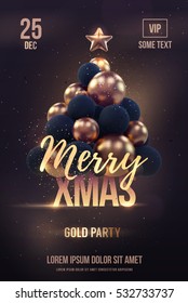 Christmas poster or flyer template with golden christmas tree. Vector illustration