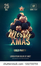 Christmas poster or flyer template with golden christmas tree. Vector illustration