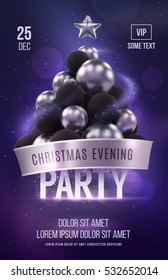 Christmas poster or flyer template with silver christmas tree. Vector illustration