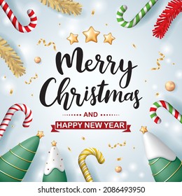 Christmas poster and flyer template with Christmas tree and candy cane on light blue background. Vector illustration for poster, flyer, greeting card, banner and advertisement.
