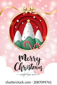 Christmas poster and flyer template with Christmas tree, candy cane and ribbon on pastel pink background. Vector illustration for poster, flyer, greeting card, banner and advertisement.