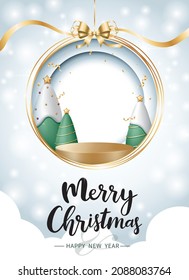 Christmas poster and flyer template with Christmas tree and podium on shiny background. Vector illustration for poster, flyer, greeting card, banner and advertisement.