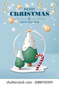 Christmas poster and flyer template with Christmas tree, candy cane, bauble and ribbon on blue background. Vector illustration for banner, flyer, greeting card, poster and advertisement.