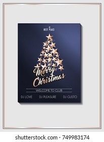 Christmas Poster or Flyer Template with Christmas Tree of Cutout Shining Gold Stars