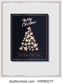 Christmas Poster or Flyer Template with Christmas Tree of Cutout Shining Gold Stars