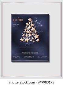 Christmas Poster or Flyer Template with Christmas Tree of Cutout Shining Gold Stars