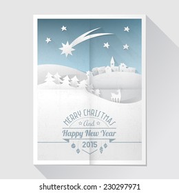 Christmas poster with folds and winter landscape with trees and stars.