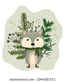 Christmas poster with Funny forest raccoon, winter trees, berries and stars around. Woodland animals. Perfect for web, banner, card, poster. Vector illustration