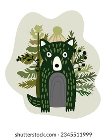 Christmas poster with Funny forest wolf, winter trees, berries. Woodland animals. Perfect for web, banner, card, poster. Vector illustration