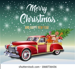 Christmas  poster with Christmas gift boxes and  tree in retro red truck.