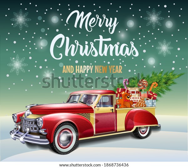 Christmas  poster with Christmas gift boxes and \
tree in retro red\
truck.