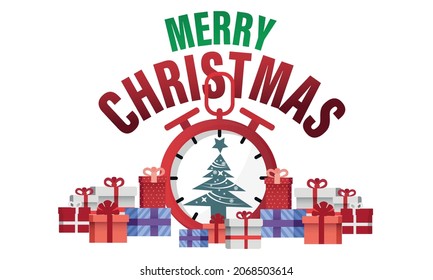 Weihnachtsposter. Geschenkzeit. Uhren und Weihnachtsgeschenkbox. Frohe Weihnachten. Horizontal neues Jahr Banner, Grußkarte, Kopfzeilen für Website. bearbeitbare Vektorgrafiken.
