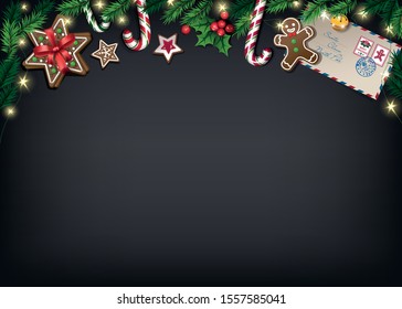 Christmas poster with gifts on the chalkboard. Red decorations, cookies, candy cane, holiday lights, letter for Santa Claus