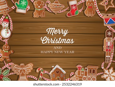christmas poster with gingerbread cookies and white and red ribbon on wooden background