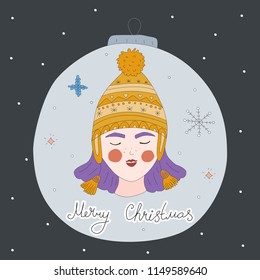 Christmas poster with girl and lettering. Winter greeting card.