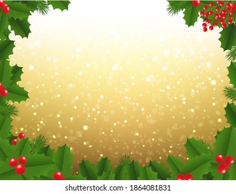 Christmas Poster With Glitter And Holly Berry Frame With Gradient Mesh, Vector Illustration