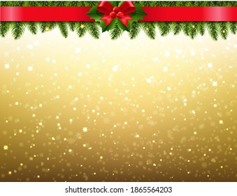 Christmas Poster With Glitter And Holly Berry Frame With Red Ribbon With Gradient Mesh, Vector Illustration