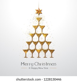 Christmas poster with golden champagne glass. Golden Christmas tree on white background