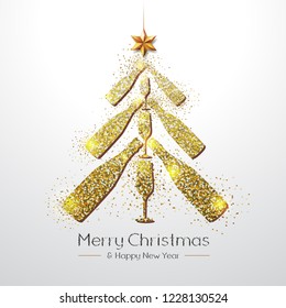 Christmas poster with golden champagne glass and bottle. Golden Christmas tree on white background