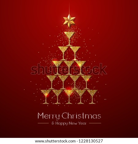 Christmas poster with golden champagne glass. Golden Christmas tree on red background