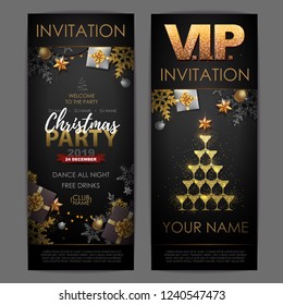 Christmas poster with golden champagne glasses. Invitation design. Pyramid of champagne glasses