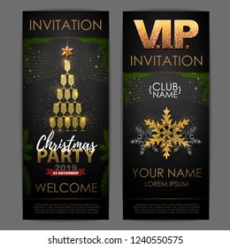 Christmas poster with golden champagne glasses. Invitation design. Pyramid of champagne glasses