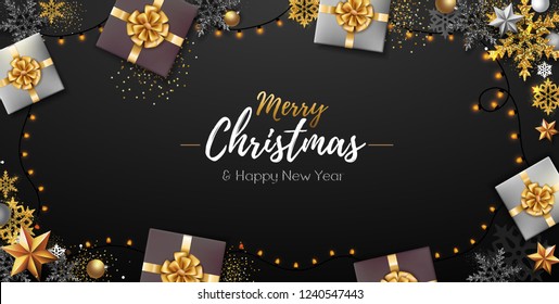 Christmas poster with golden Christmas snowflakes and presents