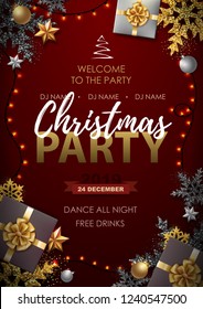 Christmas poster with golden Christmas snowflakes and presents