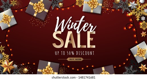 Christmas poster with golden Christmas snowflakes and presents. Winter big sale poster