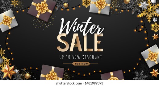 Christmas poster with golden Christmas snowflakes and presents. Winter big sale poster