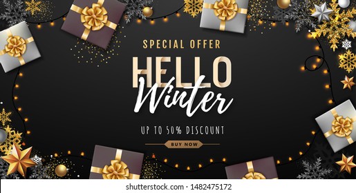 Christmas poster with golden Christmas snowflakes and presents. Winter big sale poster