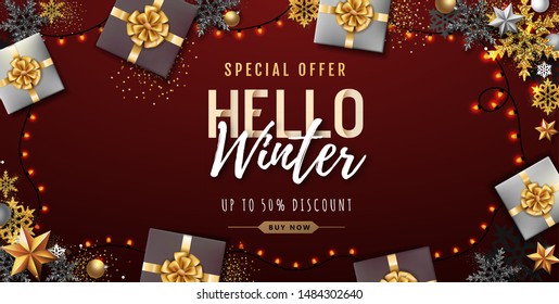 Christmas poster with golden Christmas snowflakes and presents. Winter big sale poster