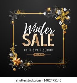 Christmas poster with golden snowflakes. Winter big sale poster.Christmas background