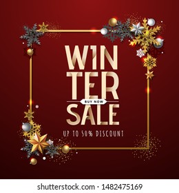 Christmas poster with golden snowflakes. Winter big sale poster.Christmas background