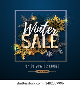 Christmas poster with golden snowflakes. Winter big sale poster.Christmas background