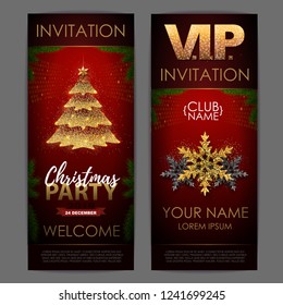 Christmas poster with golden christmas tree. Invitation design.