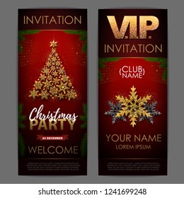 Christmas poster with golden christmas tree. Invitation design.