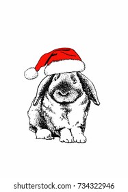 Christmas poster with the graphical image of rabbit  in Santa Claus hat. Hand draw vector illustration.