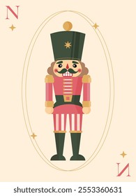 Christmas poster, greeting card with nutcracker toy figure. Vintage color palette, pink and green. Seasonal festive poster