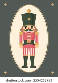 Christmas poster, greeting card with nutcracker toy figure. Vintage color palette, pink and green. Seasonal festive poster