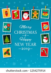 Christmas poster or greeting card. Traditional hanging Christmas decorations and garlands - Santa, holly, snowman, Christmas ball, gingerbread. flat vector illustration isolated on light background.