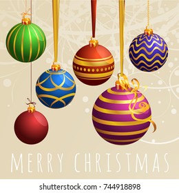 Christmas poster and greeting card vector template with colorful ornamented new year decoration balls. 