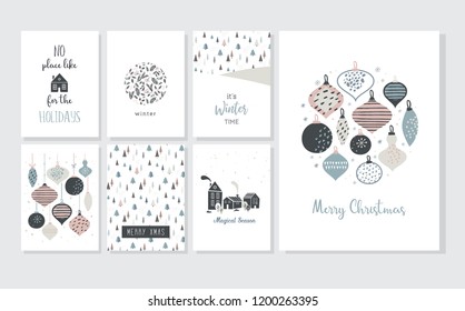 Christmas poster and greeting cards in retro style. Christmas balls in pastel colors, winter landscape and cosy houses. Scandinavian style. merry Christmas illustration