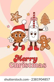 
Christmas poster with groovy retro cookie, Santa milk, gingerbread