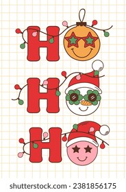 Christmas poster with groovy retro snowman, smile face