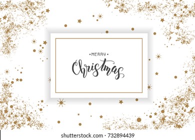 Christmas poster with hand made trendy lettering "Merry Christmas" and golden tinsel and confetti. New Year. Sketch. Banner, flyer, brochure. Vector background for holidays, postcards, websites