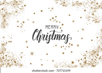 Christmas poster with hand made trendy lettering "Merry Christmas" and golden tinsel, glitter and confetti. New Year. Sketch. Banner, flyer, brochure. Background for holidays, postcards, websites