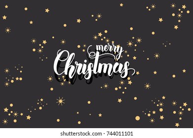 Christmas poster with hand made trendy lettering "Merry Christmas" and golden tinsel and glitter on black. New Year. Sketch. Banner, flyer, brochure. Background for holidays, postcards, websites