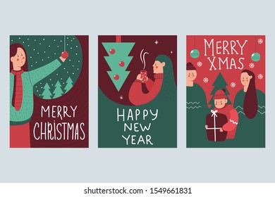 Christmas poster with happy family and woman vector cartoon set isolated on background.